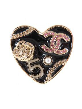 Chanel CC Logo Camellia No 5 Icon Heart Pin Brooch Black Gold